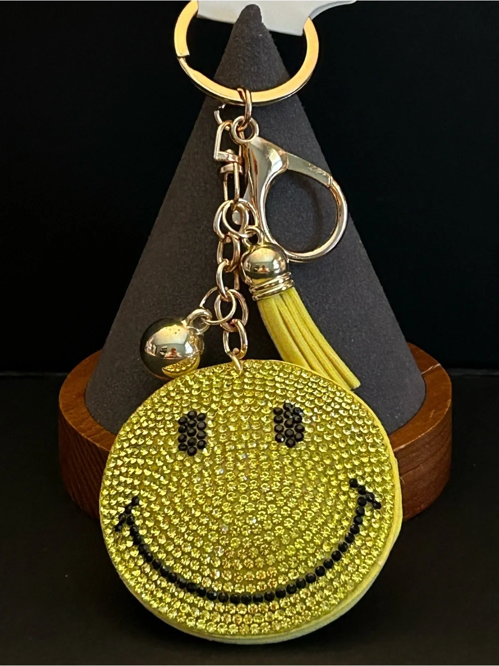 PREMIUM Puffy Yellow, Black & Gold Smiley Face Crystal Bag Charm Keychain NWT